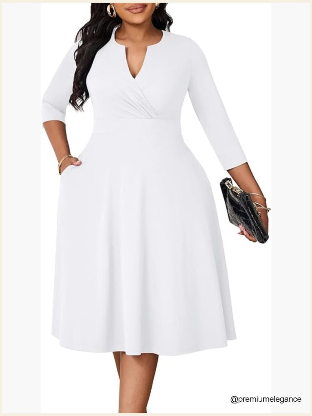 Plus Size Midi Dress 3/4 Sleeve Fit Flare V-Neck Pockets Casual Cocktail